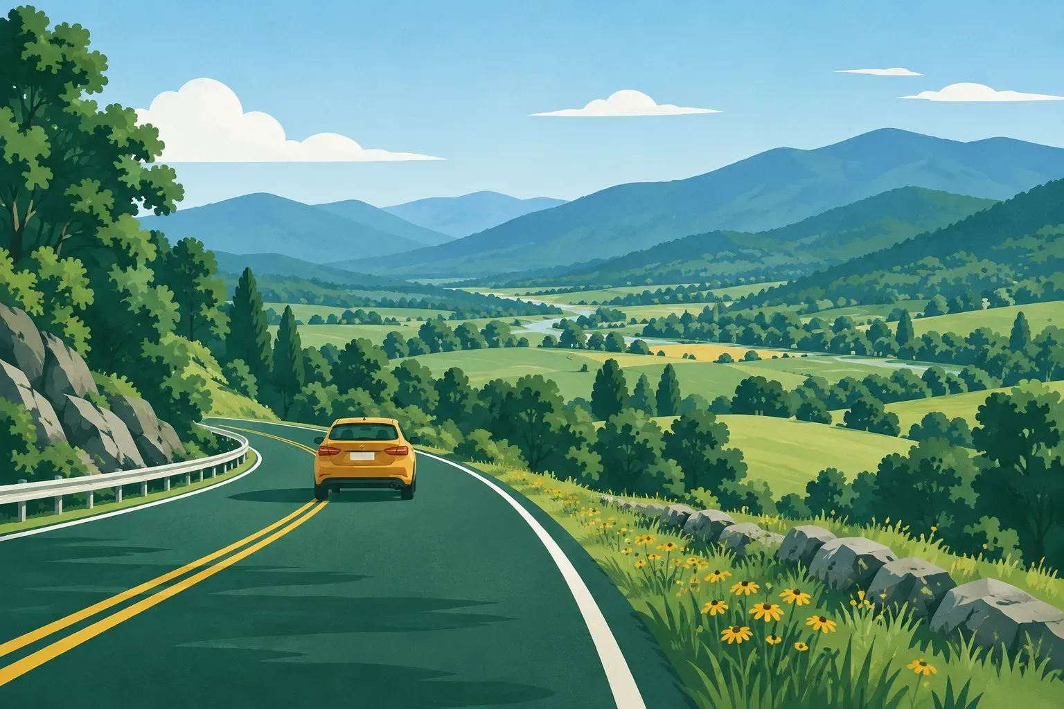 A road through the Shenandoah valley with mountains, a typical landscape of Virginia