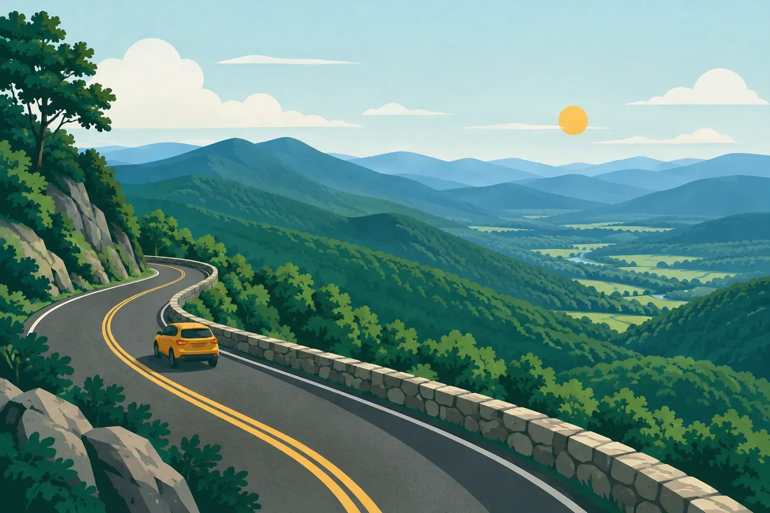 Skyline Drive winding along the Blue Ridge Mountains of Shenandoah, in Virginia
